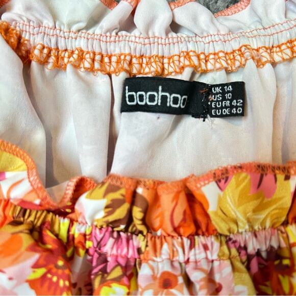 boohoo Romper Womens Size 10 Orange Yellow Ruffled Romantic Ruched Floral Whimsy - Picture 8 of 8